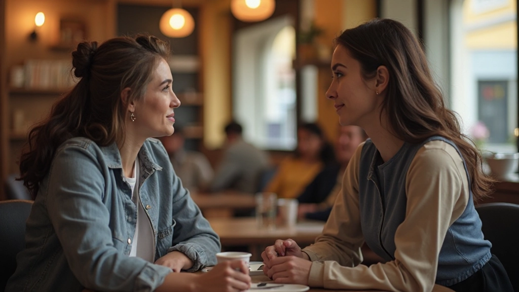 Duas pessoas em conversação profissional num café, demonstrando comunicação eficaz