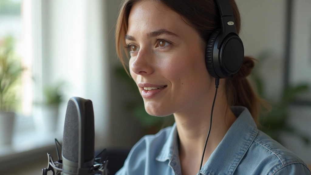 Mulher com auriculares a praticar pronúncia de português