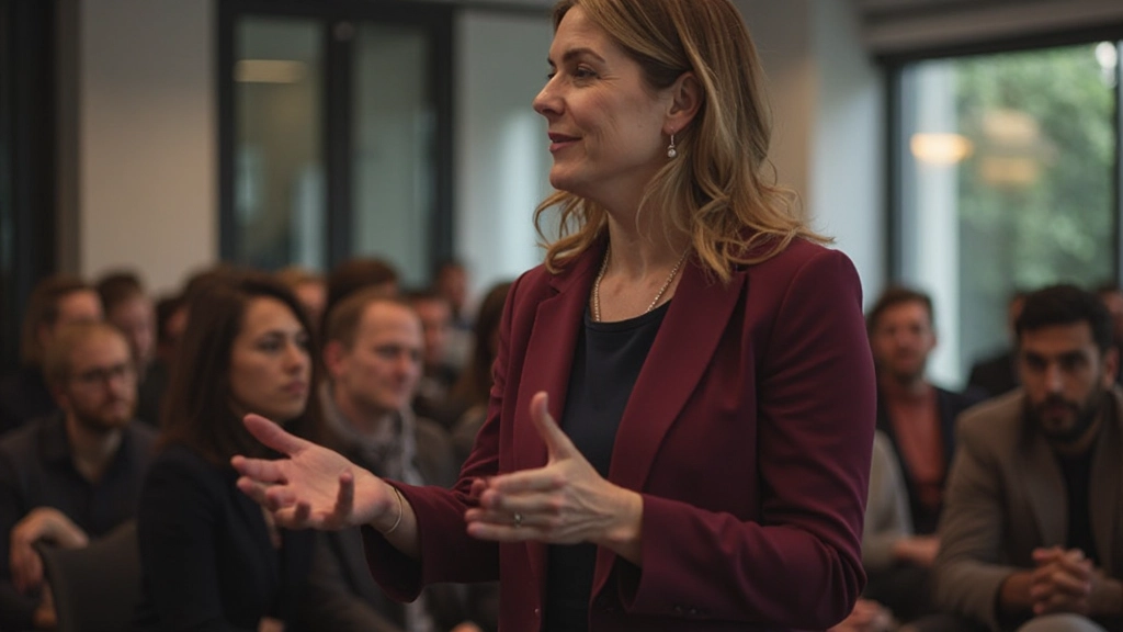 Profissional sorridente em conferência apresentando com confiança a um grupo atento