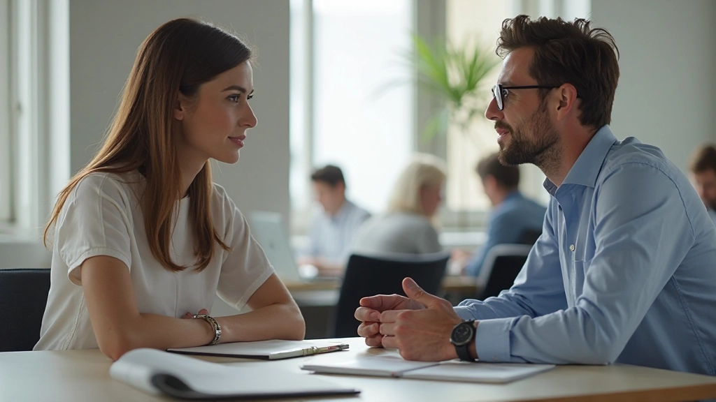 Duas pessoas conversando numa discussão profissional sobre um tópico específico